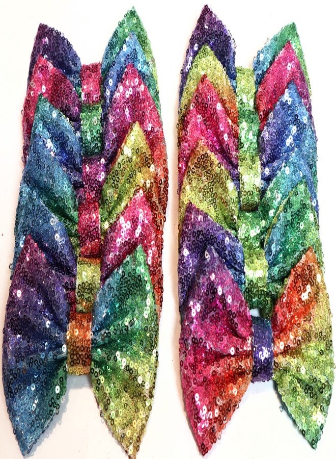 CLGIFT Set of 12 5 Inches Large Sequin Bows, DIY Fabric Hair Bows - No Clips (Light Rainbow