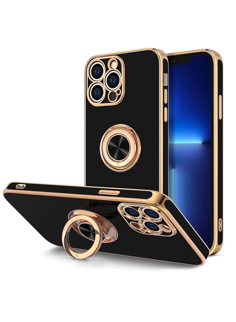 WRISTWISE Case Cover for iPhone 13 Pro Max with Ring Stand [360°Rotatable Ring Holder Magnetic Kickstand] [Gold Edge] Slim Soft TPU Cover Luxury Protective Phone Case for Women Men, Black - Image 1