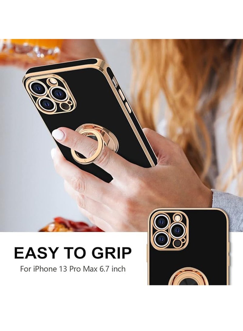 WRISTWISE Case Cover for iPhone 13 Pro Max with Ring Stand [360°Rotatable Ring Holder Magnetic Kickstand] [Gold Edge] Slim Soft TPU Cover Luxury Protective Phone Case for Women Men, Black - Image 2