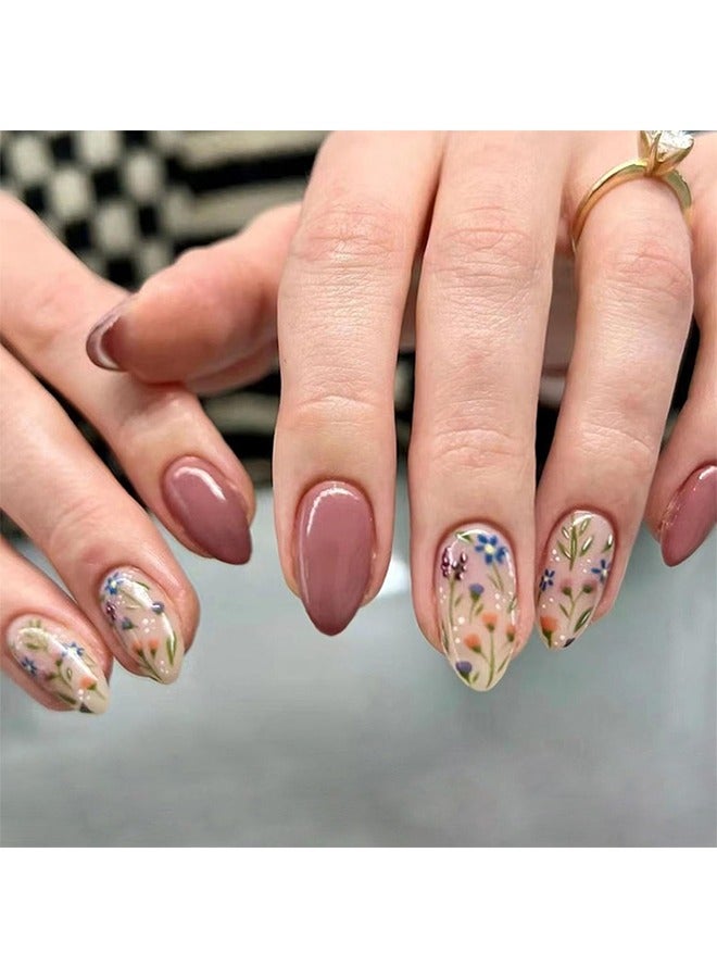 Flower Press on Nails Short Almond Fall Nails Press ons Short Fake Nails with Floral Design Glue on Nails Glossy Floral False Nails Reusable Full Cover Acrylic Stick on Nails for Women Girls 24 Pcs - Image 1