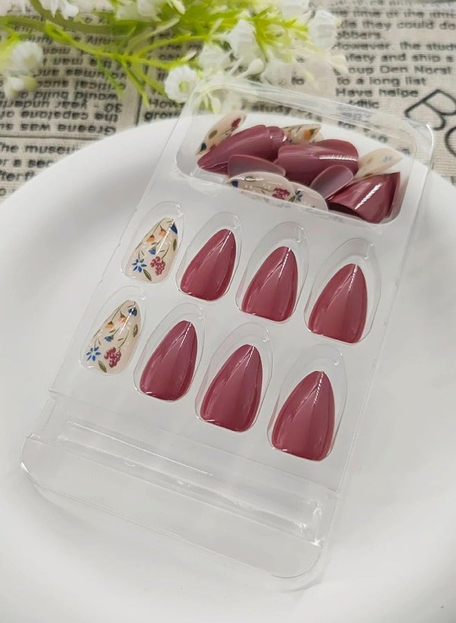 Flower Press on Nails Short Almond Fall Nails Press ons Short Fake Nails with Floral Design Glue on Nails Glossy Floral False Nails Reusable Full Cover Acrylic Stick on Nails for Women Girls 24 Pcs - Image 2