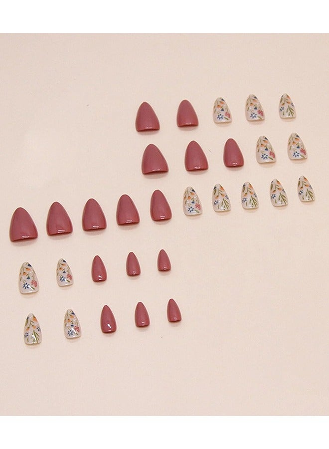 Flower Press on Nails Short Almond Fall Nails Press ons Short Fake Nails with Floral Design Glue on Nails Glossy Floral False Nails Reusable Full Cover Acrylic Stick on Nails for Women Girls 24 Pcs - Image 3