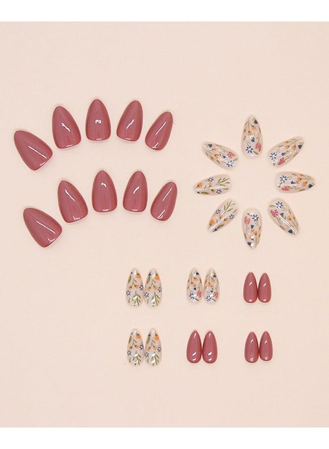 Flower Press on Nails Short Almond Fall Nails Press ons Short Fake Nails with Floral Design Glue on Nails Glossy Floral False Nails Reusable Full Cover Acrylic Stick on Nails for Women Girls 24 Pcs - Image 4