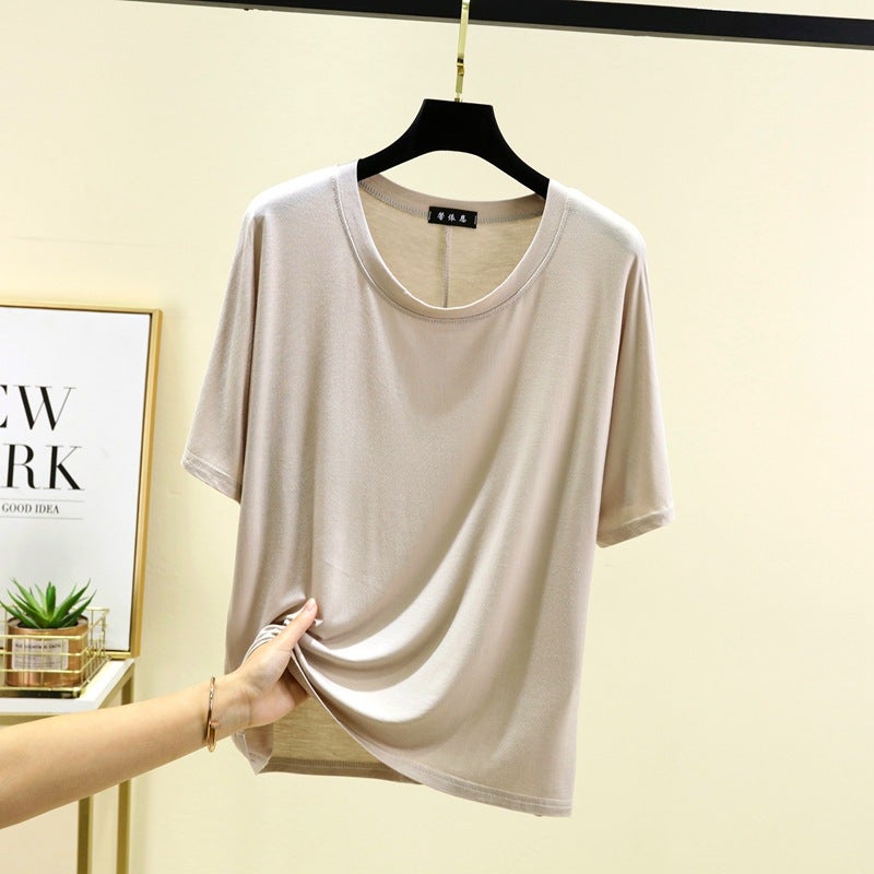 Modal Thin Loose Short-Sleeved T-Shirt Women'S Round Neck Plus Size Half-Sleeved Top White Summer Base Shirt - Image 1