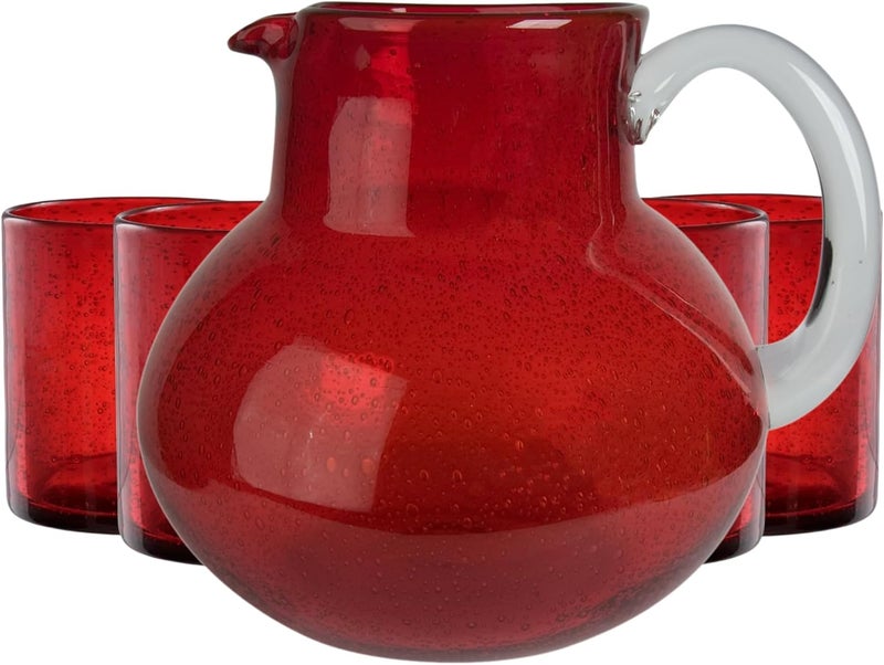ARTLAND Iris 90oz Hand Blown Pitcher  Double Old Fashion 14oz Glasses Set of 4  LeadFree Bubble Shape Glassware for Stylish Serving and Dining  Kitchen Essential  Table Decor Ruby - Image 1