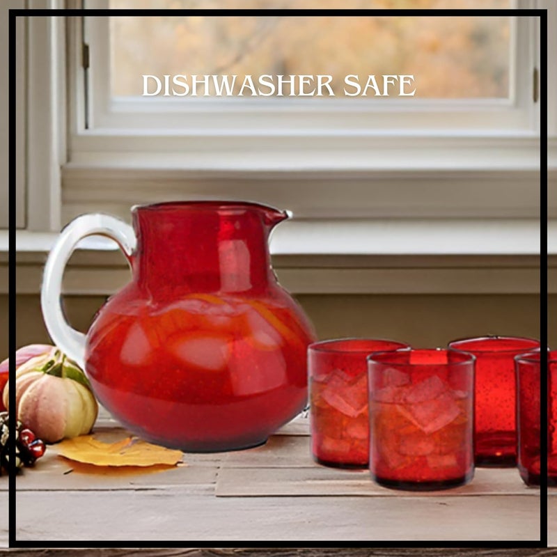 ARTLAND Iris 90oz Hand Blown Pitcher  Double Old Fashion 14oz Glasses Set of 4  LeadFree Bubble Shape Glassware for Stylish Serving and Dining  Kitchen Essential  Table Decor Ruby - Image 5