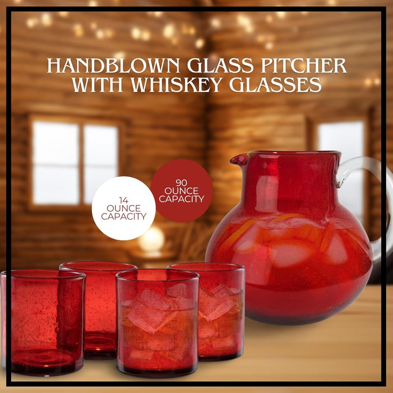 ARTLAND Iris 90oz Hand Blown Pitcher  Double Old Fashion 14oz Glasses Set of 4  LeadFree Bubble Shape Glassware for Stylish Serving and Dining  Kitchen Essential  Table Decor Ruby - Image 2