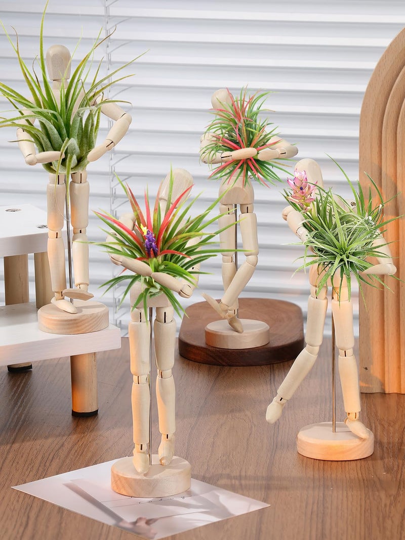 ANPHSIN 4 Pcs 8.6'' Wooden Air Plant Holder - Unique Jointed Mannequin Airplant Stand with Adjustable Poses, Tillandsia Display Container for Home Office Decoration Housewarming Gift - Image 2