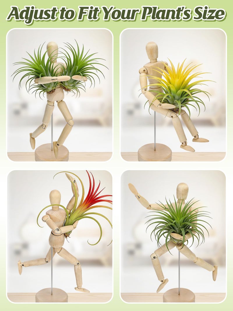 ANPHSIN 4 Pcs 8.6'' Wooden Air Plant Holder - Unique Jointed Mannequin Airplant Stand with Adjustable Poses, Tillandsia Display Container for Home Office Decoration Housewarming Gift - Image 4