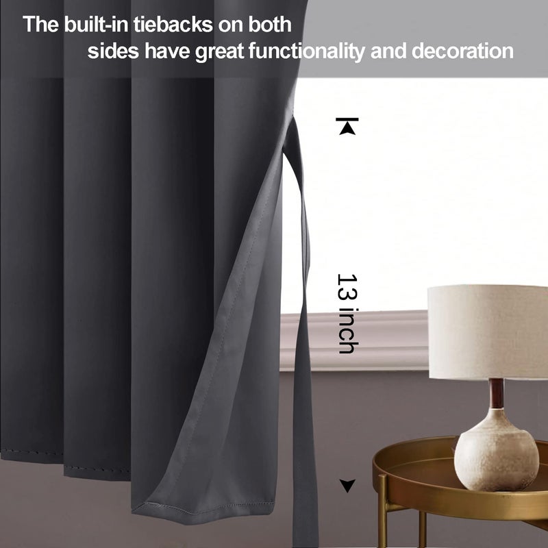 JIUZHEN Short Curtains Kitchen Half Window Blackout Curtains with Tiebacks for Baseroom Shadows  Grommet Curtains for Living Room  Set of 2 Window Curtain Panels  42 x 30 Inch Length Dark Grey - Image 3