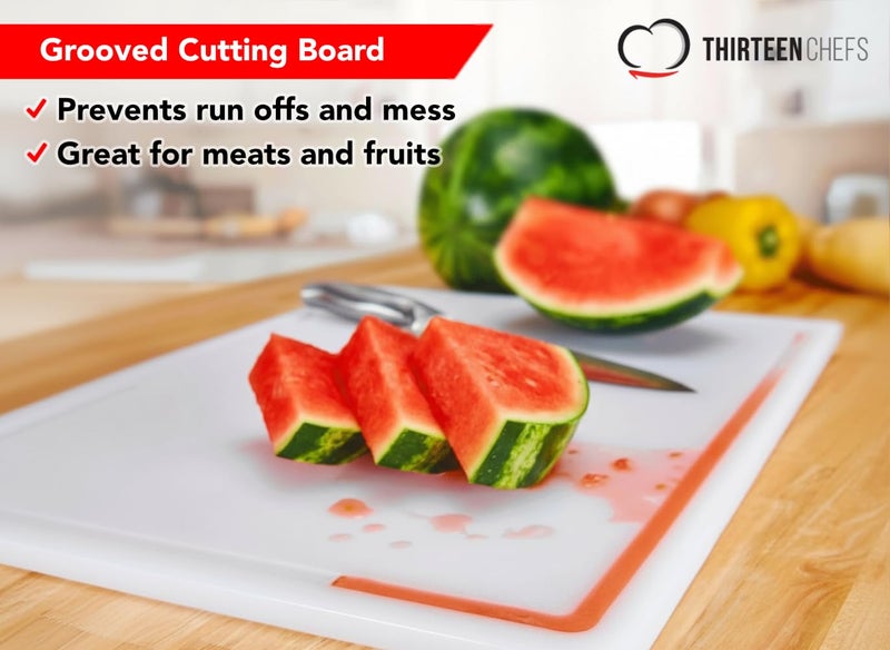 Thirteen Chefs Commercial Grade Plastic Cutting Board with Juice Groove - 18 x 12 Inch for Carving Meat, Grilling, BBQ - 1/2" Thick White HDPE Poly for Food Service - Image 3