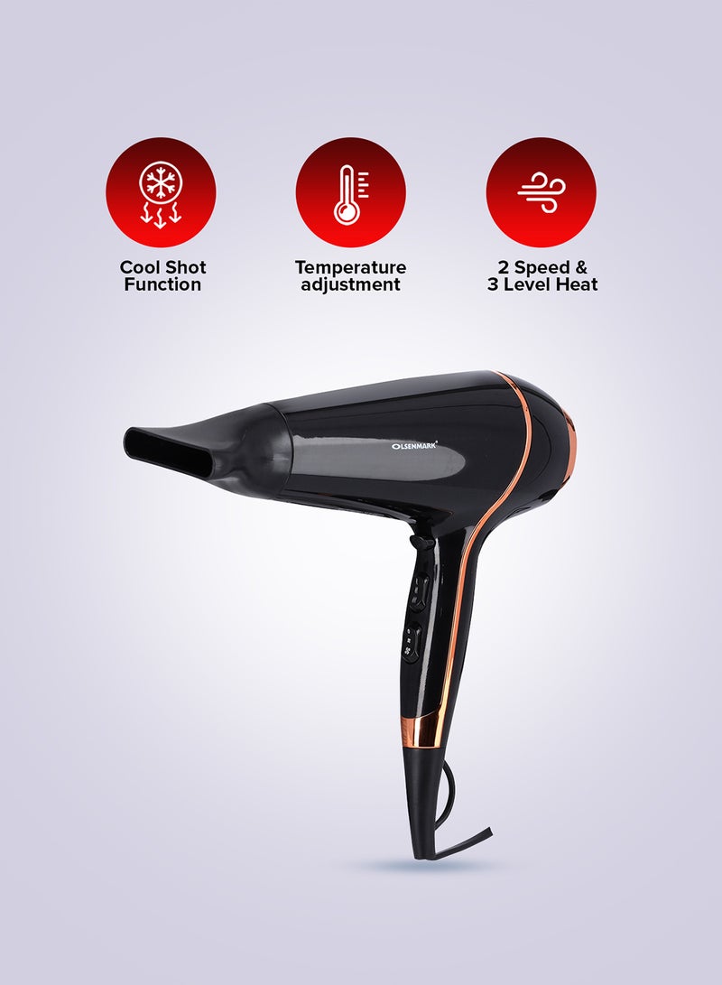 Olsenmark Hair Dryer - 2 Speed Control and 3 Level Heat Settings With Hanging Loop, Perfect for Salon and Home Hair Styling Black/Gold - Image 2