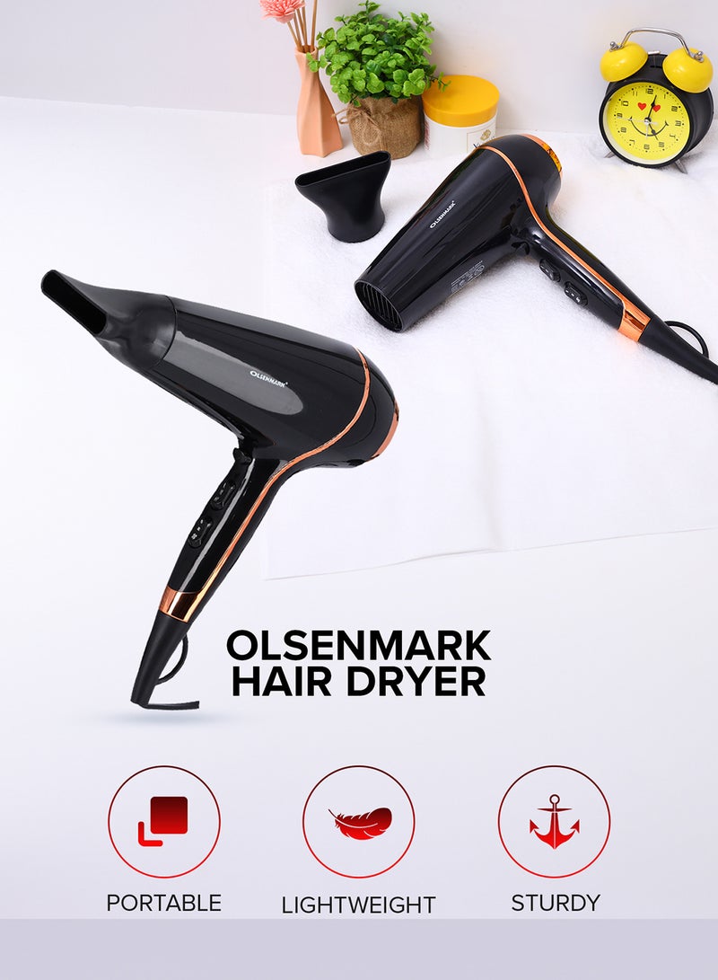 Olsenmark Hair Dryer - 2 Speed Control and 3 Level Heat Settings With Hanging Loop, Perfect for Salon and Home Hair Styling Black/Gold - Image 5
