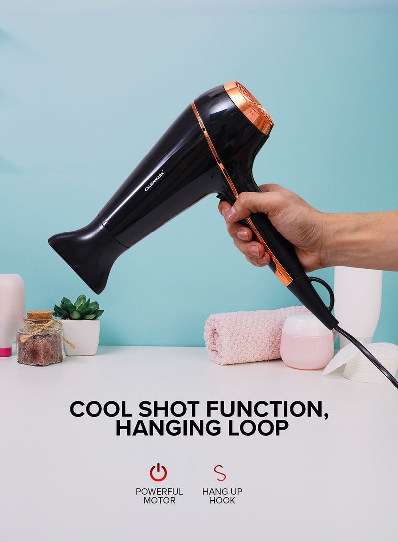 Olsenmark Hair Dryer - 2 Speed Control and 3 Level Heat Settings With Hanging Loop, Perfect for Salon and Home Hair Styling Black/Gold - Image 3