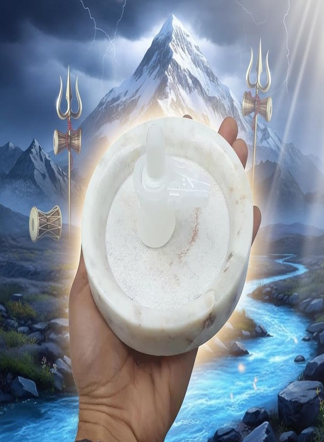 KRAFT CLOUDS White Stone Shivling Idol with Marble Plate Bowl for Jal Abhishek, Daily Pooja, Temple, Office Use | Small Size - 4.5x4.5x0.75 INCH - Image 1