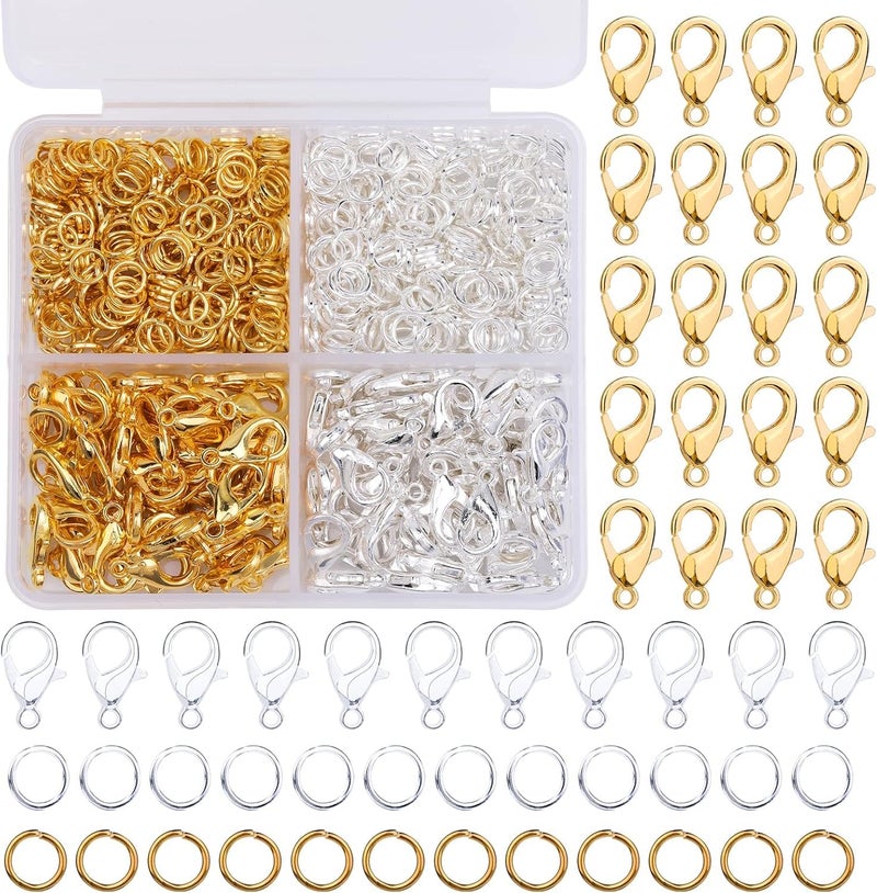 700 Pcs Lobster Clasps and Jump Rings Set 12mm Gold Silver Lobster Claw Clasps with 7x5mm Open Rings for Jewelry Making Keychains DIY Crafts Bracelets Includes Storage Box
