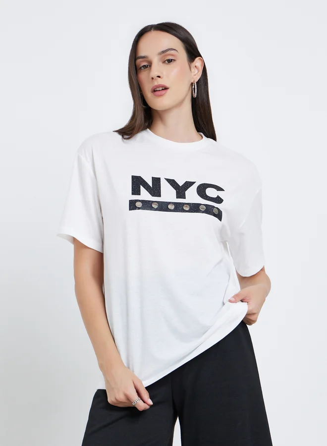 Styli Styli Women White NYC Print Stud Oversized T-Shirt