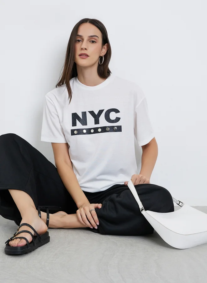 Styli Styli Women White NYC Print Stud Oversized T-Shirt
