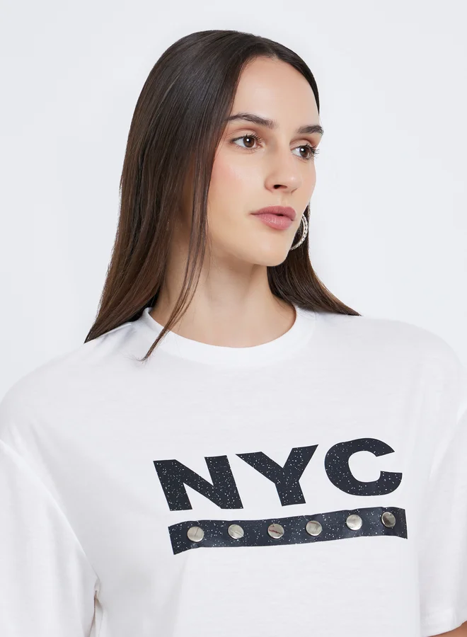 Styli Styli Women White NYC Print Stud Oversized T-Shirt