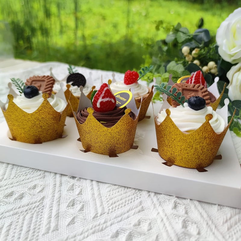Mybbshower 36 Pcs Gold Glitter Crown Cupcake Wrappers Cake Paper Cups Muffin Case Trays for Wedding Party Birthday Decoration  - Image 3