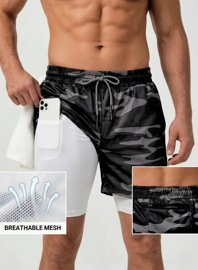 THUGFIT  THUGFIT SprintHint 2 in 1 Shorts (7" Inseam) - Camo Black for Men | Best Price UAE