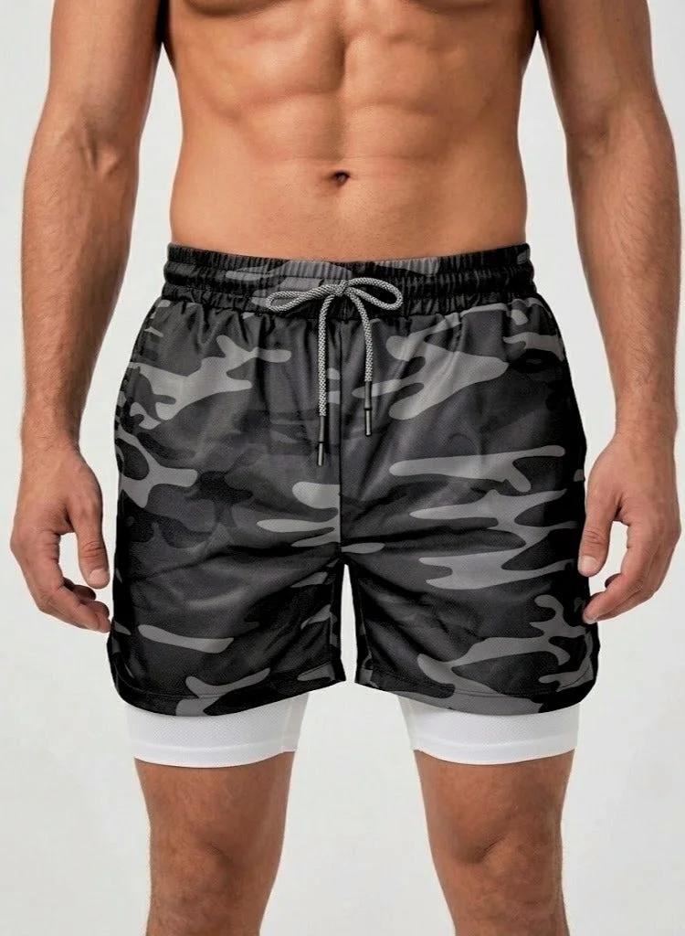 THUGFIT  THUGFIT SprintHint 2 in 1 Shorts (7" Inseam) - Camo Black for Men | Best Price UAE