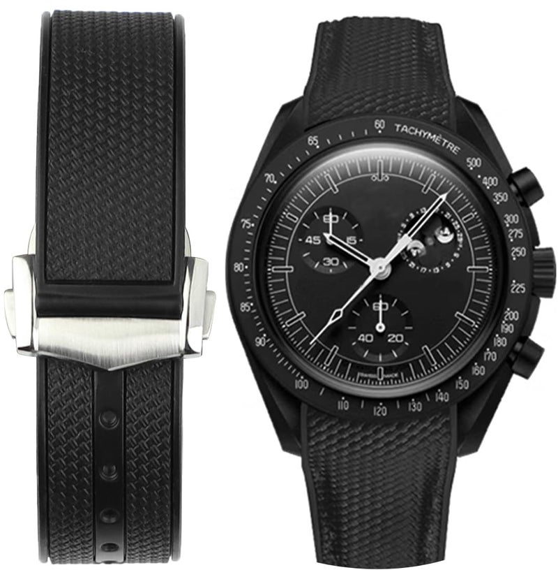Sight Focus 20mm Curved End Rubber Watch Band for Omega X Swatch,Omega Speedmaster moonwatch Folding Buckle Watch Strap Replacement Watchband No Gap Deployment Buckle Men Women Dustproof Washable (Black, 20mm) - Image 1