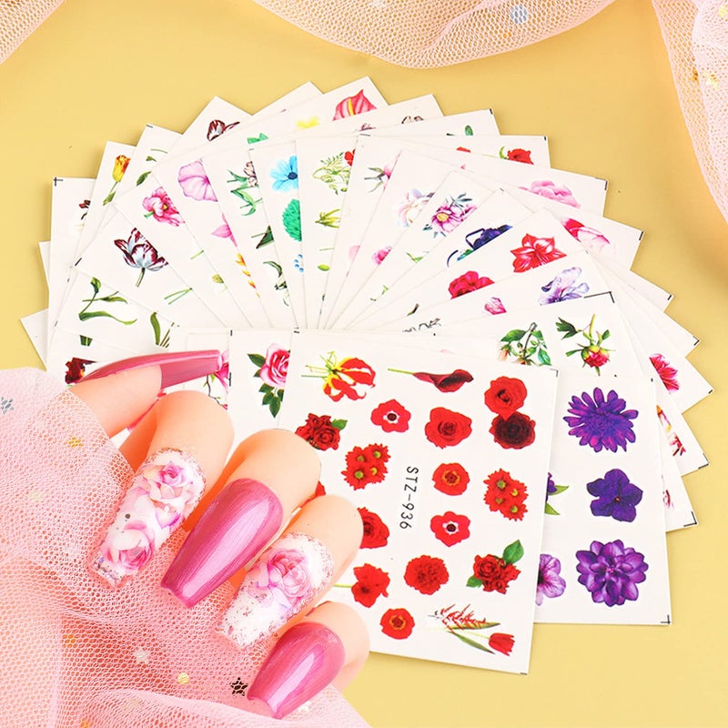 24 Sheets Flowers Nail Art Stickers Water Transfer Decals Holographic Flower Butterfly Leaf Designs for Women Girls Manicure Charms Decoration