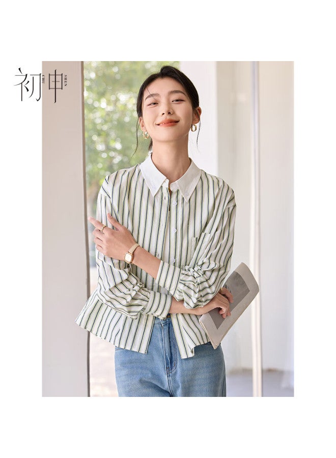 Chushen Women's Long-sleeve Shirt, Contrasting Color Lapel, Classic Striped Short Casual Commuter Pure Cotton Blouse S51s043