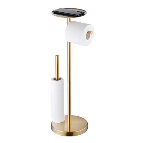 SHUNLI Free Standing Toilet Paper Roll Holder with Storage Reserve, Brushed Gold Toilet Paper Holder Stand with Shelf, Bathroom Tissue Dispenser Floor Stand, SUS304 Stainless Steel, SHUNLI - Image 1