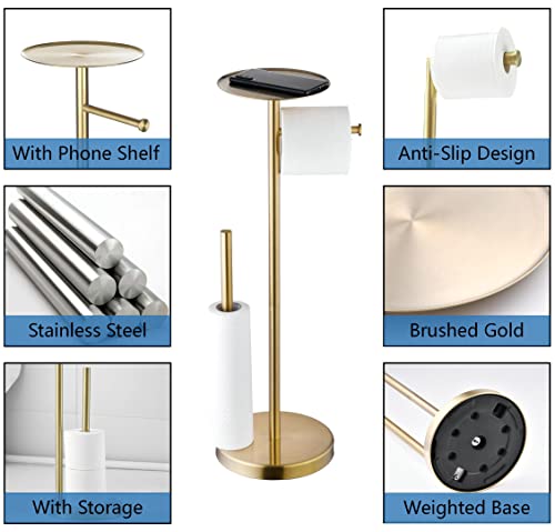 SHUNLI Free Standing Toilet Paper Roll Holder with Storage Reserve, Brushed Gold Toilet Paper Holder Stand with Shelf, Bathroom Tissue Dispenser Floor Stand, SUS304 Stainless Steel, SHUNLI - Image 3