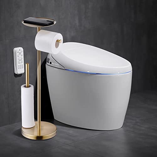 SHUNLI Free Standing Toilet Paper Roll Holder with Storage Reserve, Brushed Gold Toilet Paper Holder Stand with Shelf, Bathroom Tissue Dispenser Floor Stand, SUS304 Stainless Steel, SHUNLI - Image 2