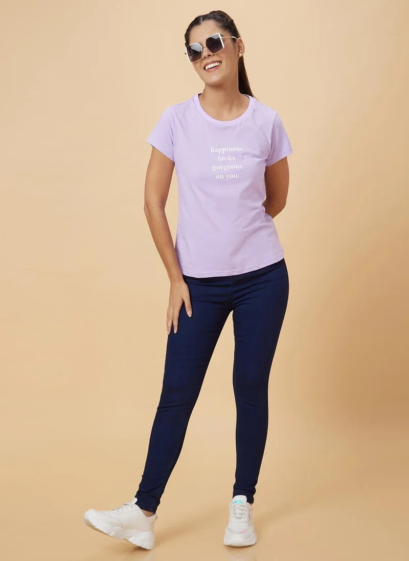 globus Globus Women Lavender & White Typography Printed Knitted Pure Cotton T-Shirt