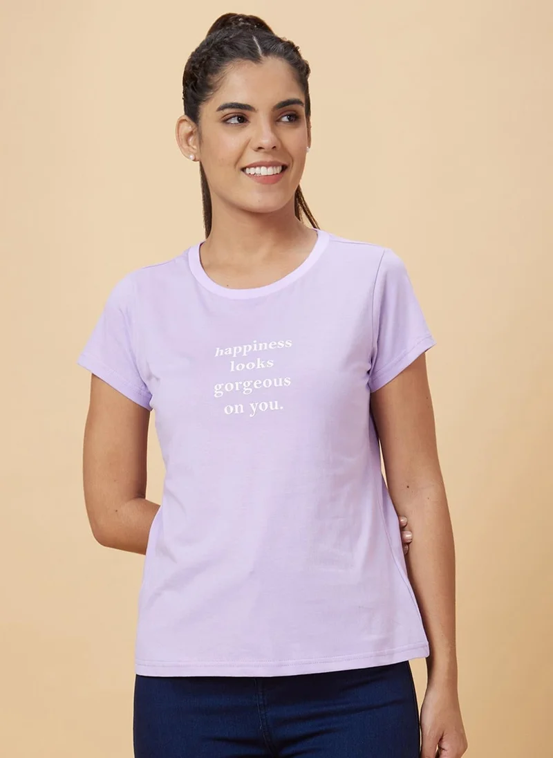 globus Globus Women Lavender & White Typography Printed Knitted Pure Cotton T-Shirt