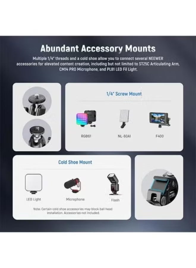 Neewer Super Clamp with 3" Dual Ballhead Magic Arm, Ball Head Adapter, Cold Shoe, Phone Holder, Action Camera Clamp Mount for Flat/Round Surface Compatible with GoPro DJI iPhone 15 Pro Max, ST85 - Image 2