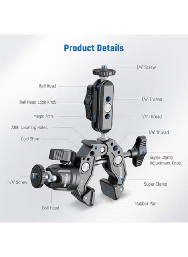 Neewer Super Clamp with 3" Dual Ballhead Magic Arm, Ball Head Adapter, Cold Shoe, Phone Holder, Action Camera Clamp Mount for Flat/Round Surface Compatible with GoPro DJI iPhone 15 Pro Max, ST85 - Image 1