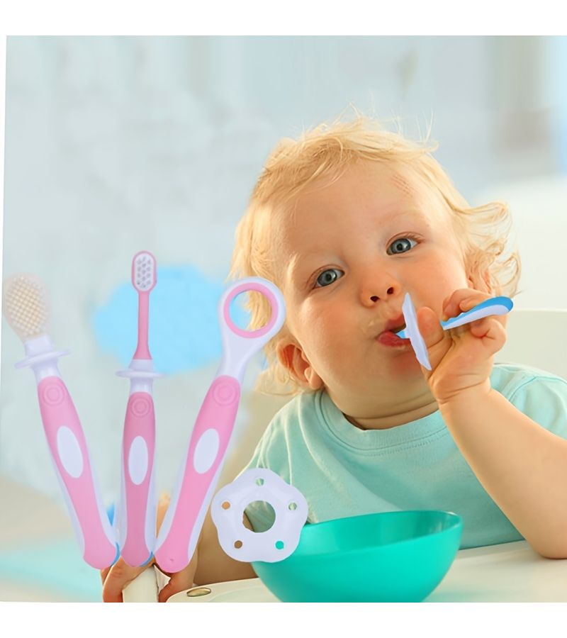 3 Pcs Oral Care Kit With Toothbrush And Tongue Cleaner Soft Ultrafine Bristles Anti Slip Grip Double Sided Training Brush For 0 36 Months Dental Care Gentle Teeth Cleaning For Gums Orange - Image 5