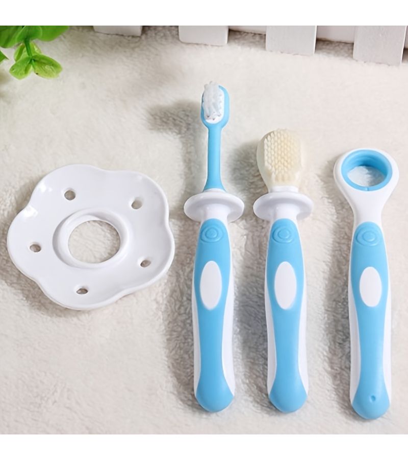 3 Pcs Oral Care Kit With Toothbrush And Tongue Cleaner Soft Ultrafine Bristles Anti Slip Grip Double Sided Training Brush For 0 36 Months Dental Care Gentle Teeth Cleaning For Gums Orange - Image 3