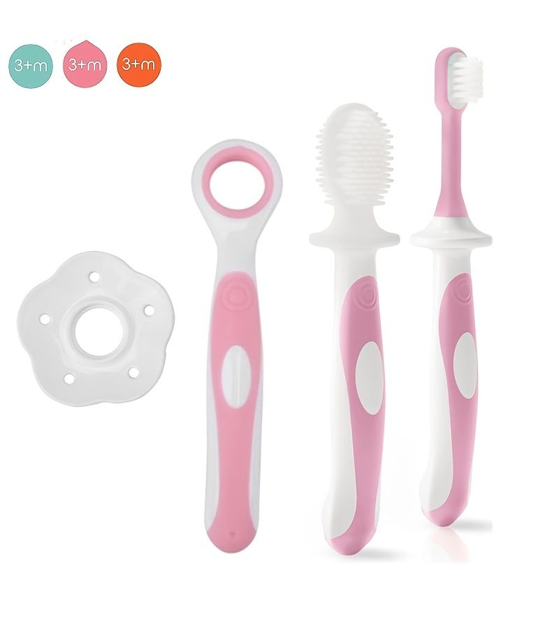 3 Pcs Oral Care Kit With Toothbrush And Tongue Cleaner Soft Ultrafine Bristles Anti Slip Grip Double Sided Training Brush For 0 36 Months Dental Care Gentle Teeth Cleaning For Gums Orange - Image 1
