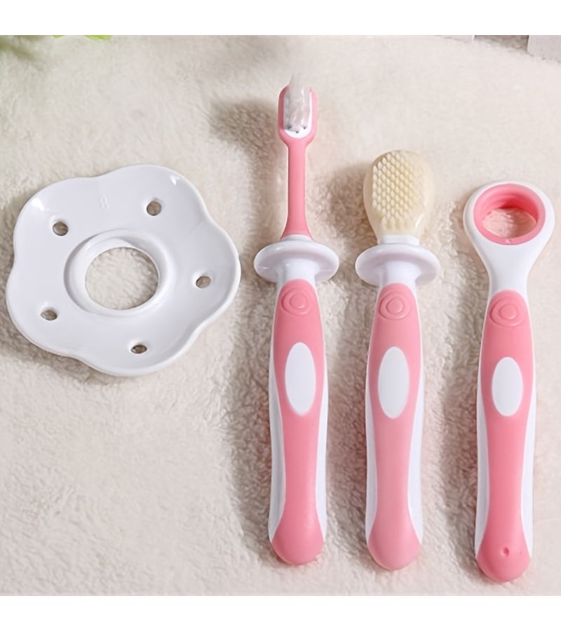 3 Pcs Oral Care Kit With Toothbrush And Tongue Cleaner Soft Ultrafine Bristles Anti Slip Grip Double Sided Training Brush For 0 36 Months Dental Care Gentle Teeth Cleaning For Gums Orange - Image 2