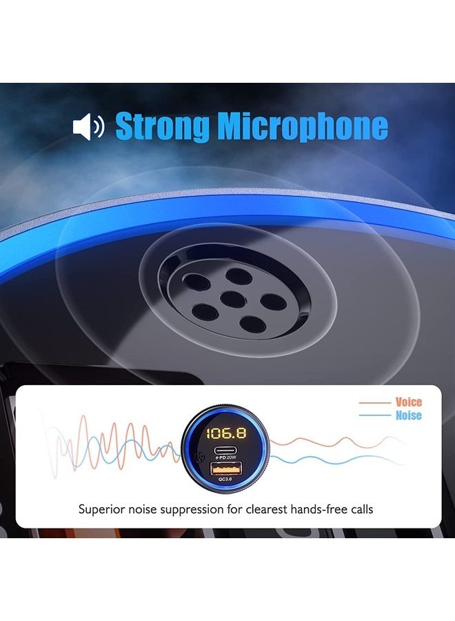 Lencent Car FM Transmitter, Wireless Bluetooth 5.1 Radio Adapter Car Kit with Big Button, Type C PD 20W and QC3.0 18W Car Fast Charger, Bass Lossless Hi-Fi Sound Music Streaming, Wireless Call