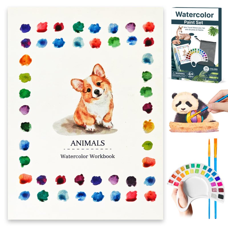 DPDPPL Watercolor Workbook, Water Coloring Book with 13 Pages 300GSM Paper, 26 Colors Watercolor Paint Set with Brush & Storage Bag, Beginner-Friendly Coloring Book for Adults - Animal Theme Art Kit - Image 1