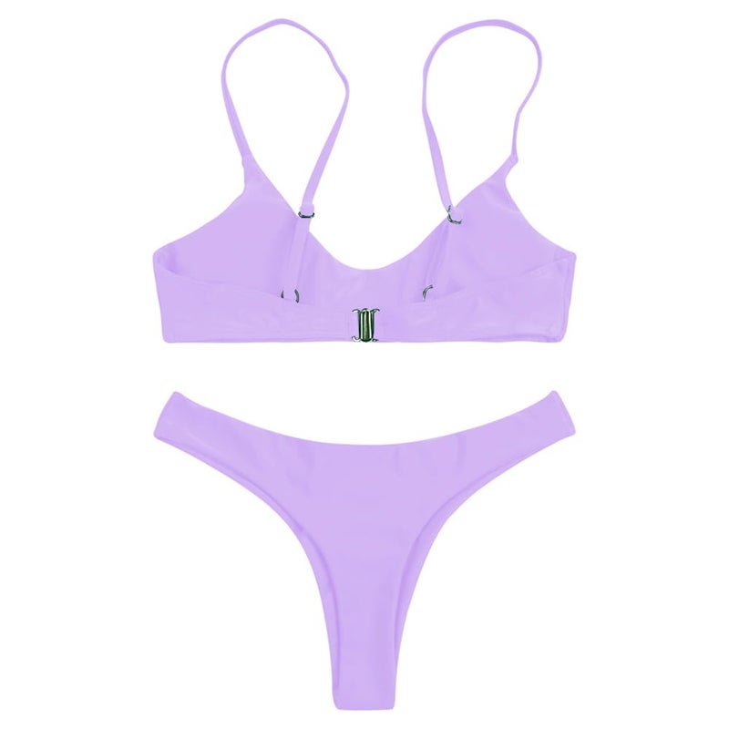 SherryDC Women's Solid Scoop Neck Push Up Padded Brazilian Thong Bikini Swimsuit,Lavender,L - Image 3