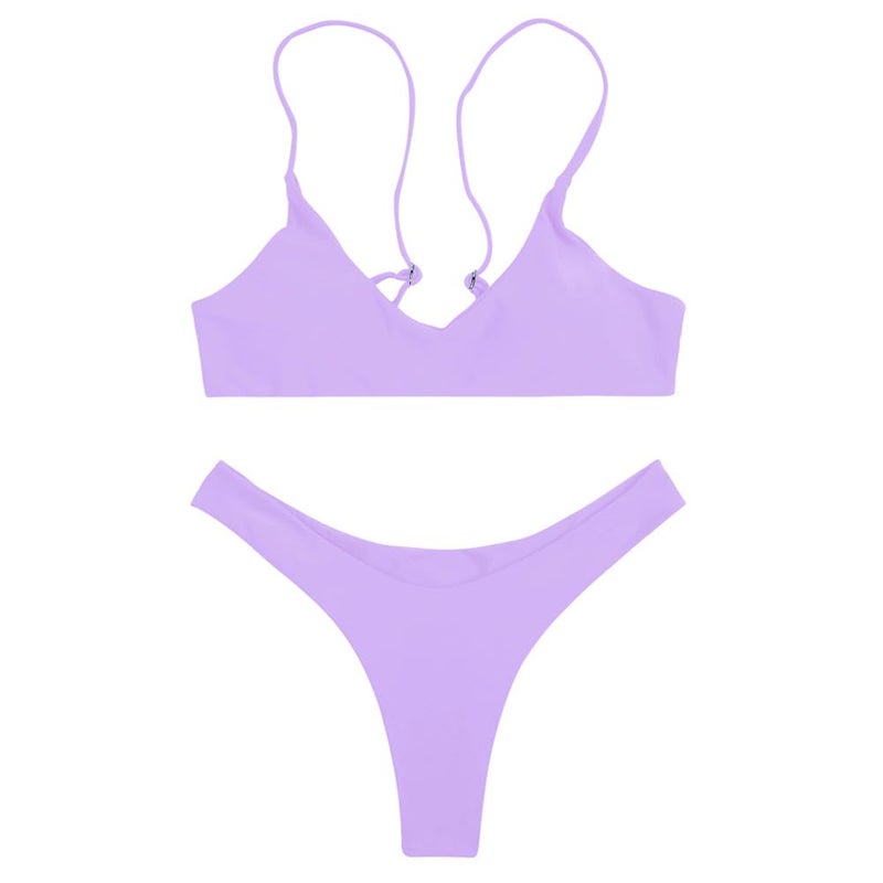 SherryDC Women's Solid Scoop Neck Push Up Padded Brazilian Thong Bikini Swimsuit,Lavender,L - Image 2
