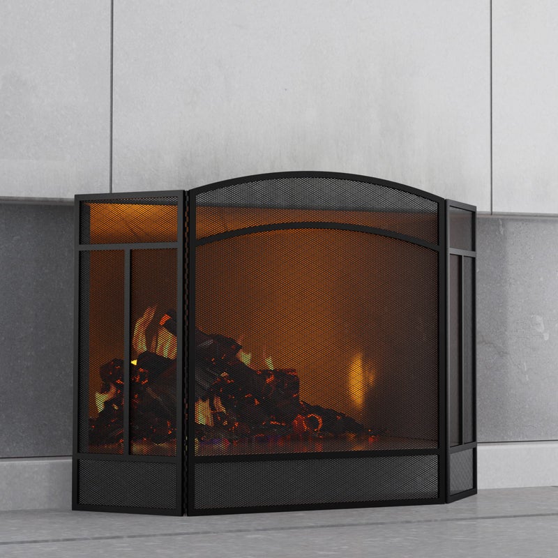 Fire Beauty شاشة مدفأة النار الجمالية 3 لوحات من الحديد المطاوع 48L x 29H غطاء حماية الشرر أسود