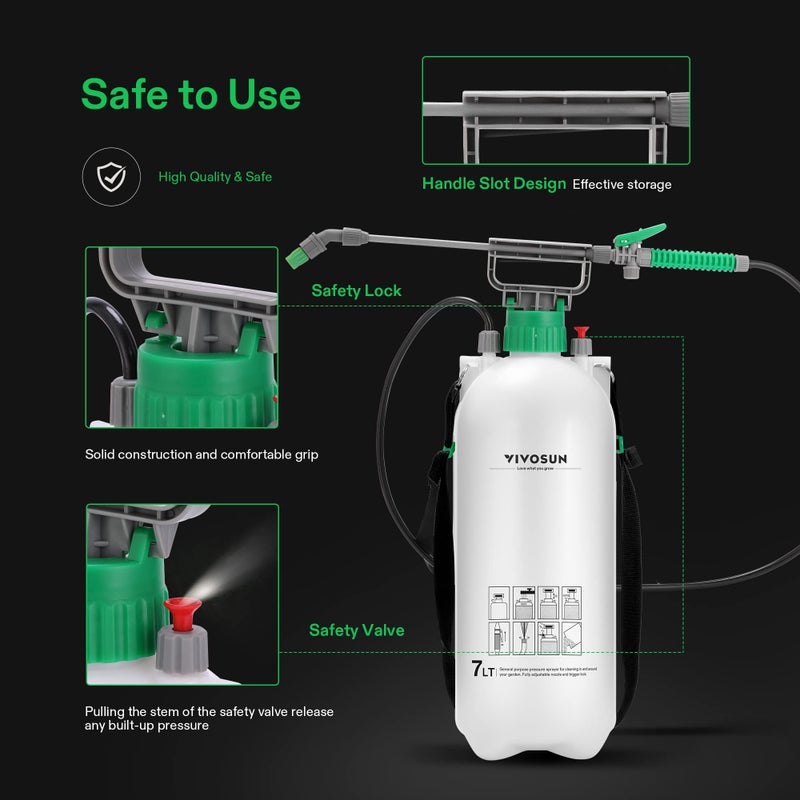 VIVOSUN 1.8 Gallon Pump Pressure Sprayer, 7L Pressurized Lawn & Garden Water Spray Bottle with 3 Water Nozzles, Adjustable Shoulder Strap, Pressure Relief Valve, for Plants and Cleaning - Image 4