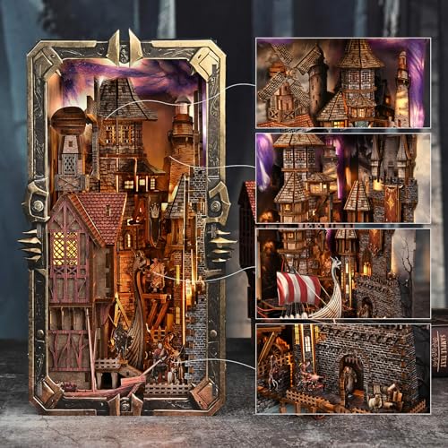 fifijoy DIY Viking Book Nook Kit Miniature House Dollhouse Kit for Adult and Teens Booknook Bookend Tiny House Model Build Bookshelf Insert Decor 3D Wooden Puzzle Gifts for Family Friends - Image 5