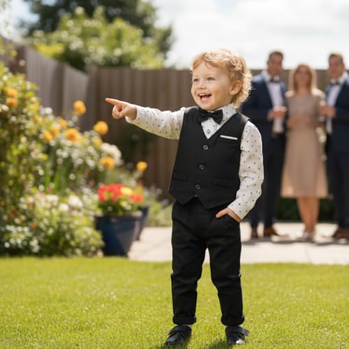 Volunboy Baby Boys Gentleman Wedding Suit Black Formal Outfit Toddler Ring Bearer Birthday Dress Shirt Bowtie Pants Set (Black, 18-24 Months) - Image 2
