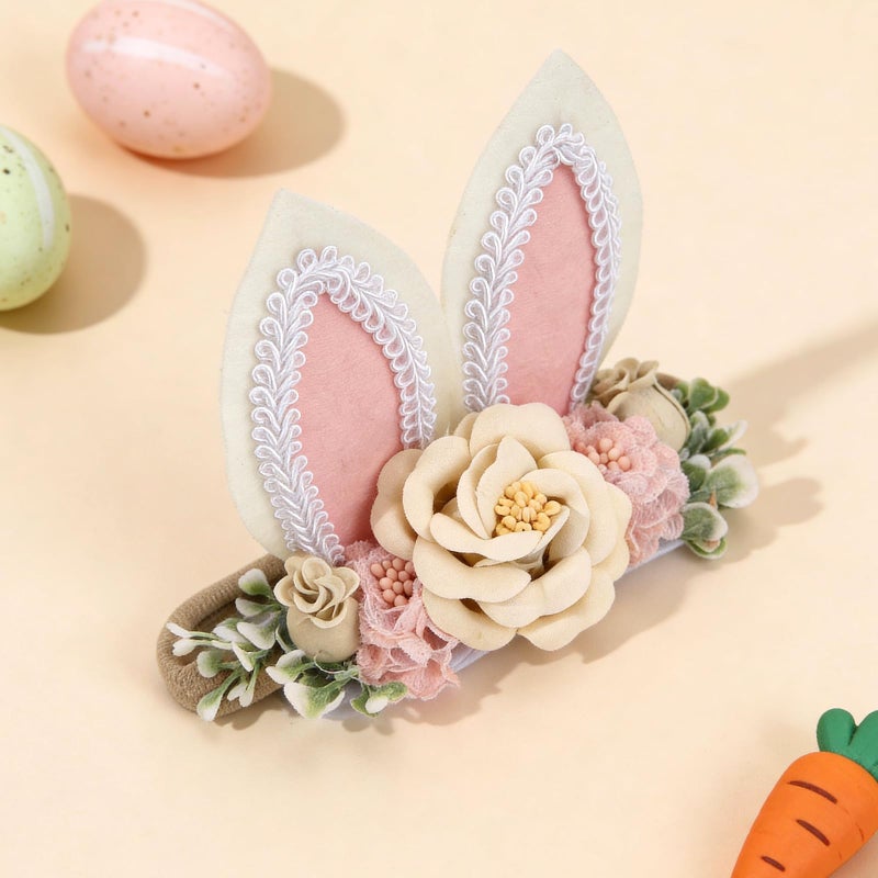 DNTYUISS Easter Bunny Headband for Baby Girl, Floral Nylon Elastic Hair Band with Flower Bow, Newborn Infant Toddler Easter Hair Accessories(Pink) - Image 4