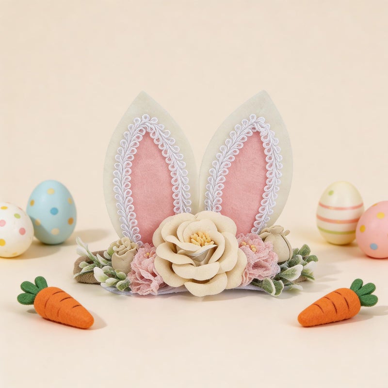 DNTYUISS Easter Bunny Headband for Baby Girl, Floral Nylon Elastic Hair Band with Flower Bow, Newborn Infant Toddler Easter Hair Accessories(Pink) - Image 3